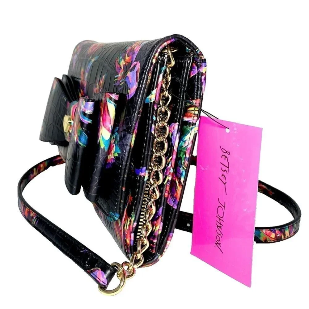 Betsey Johnson Crossbody Shoulderbag Clutch Wallet Bow Front Black Floral - Picture 6 of 10